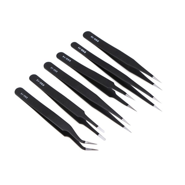 Set of 6 anti-static tweezers for electronic devices such as phones and other